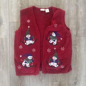 Vintage BOBBIE BROOKS Sweater Vest RED Christmas SNOWMEN‎ Zip XL